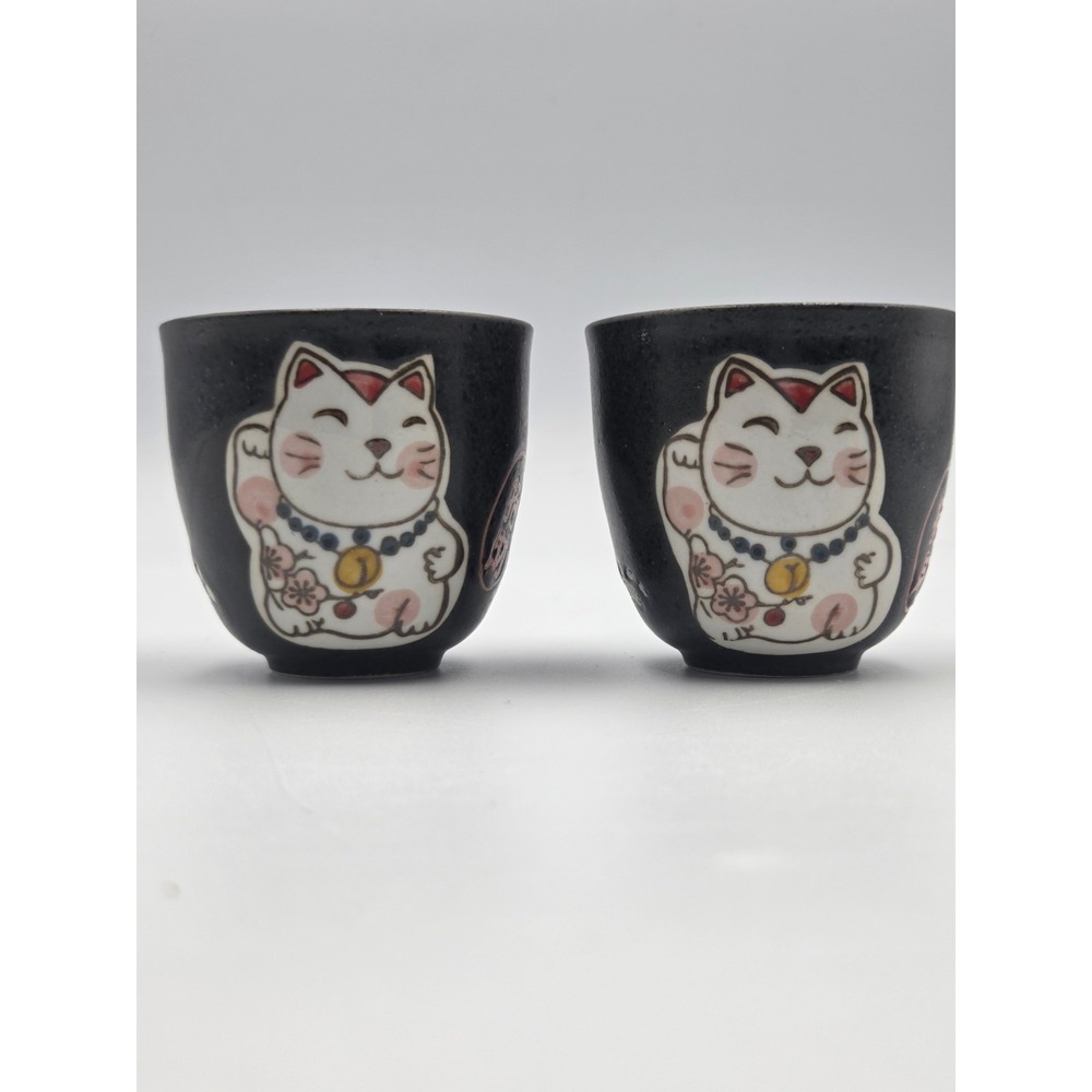 Japanese Maneki Neko Lucky Cat Tea Cup – Ceramic Fortune Cup Lot Of 2
